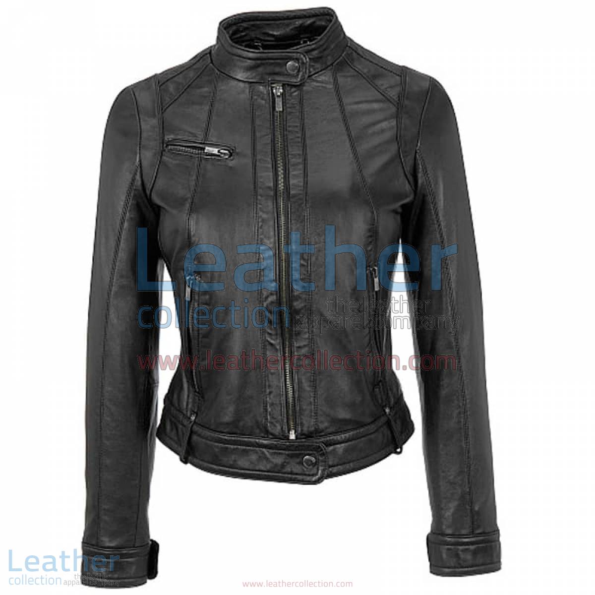 Banded Collar Washed Leather Scuba Jacket in Black | leather scuba jacket