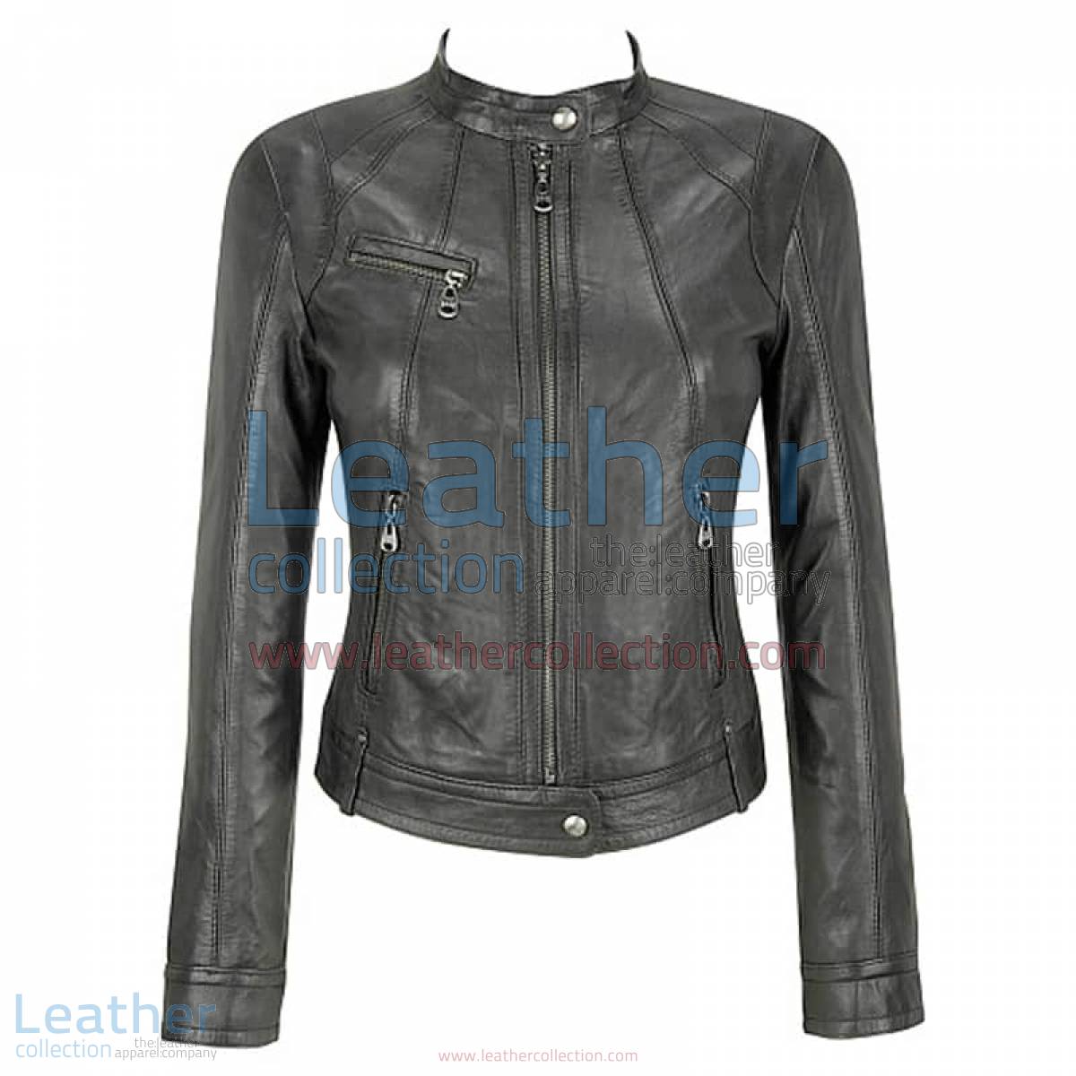 Banded Collar Washed Leather Scuba Jacket in Gray | leather scuba jacket