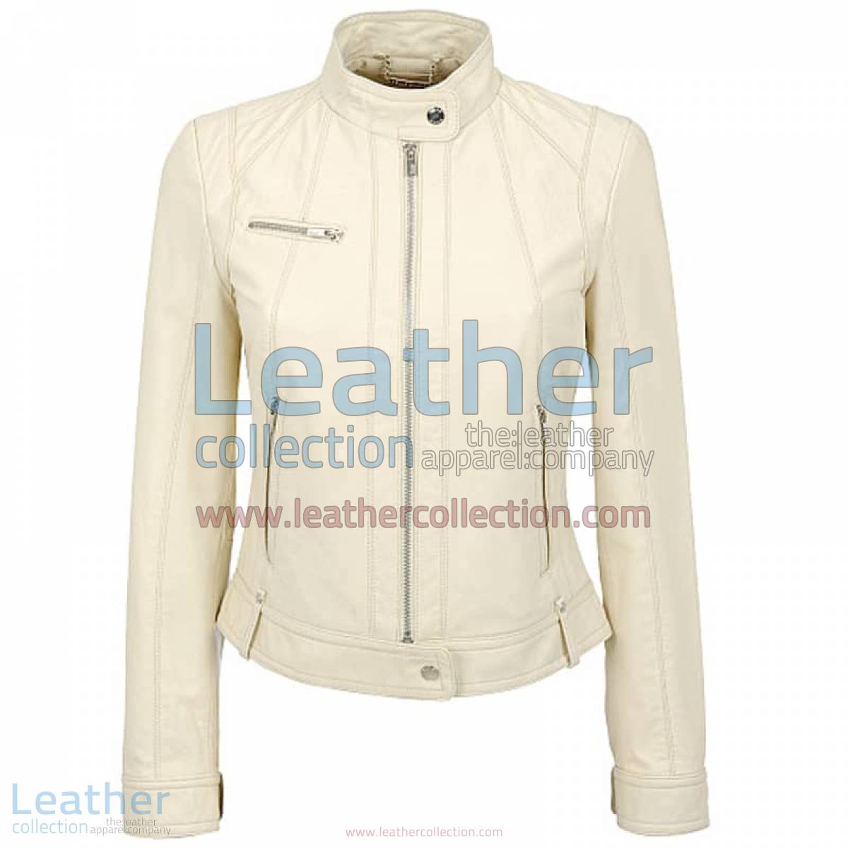 Banded Collar Washed Leather Scuba Jacket in White | leather scuba jacket