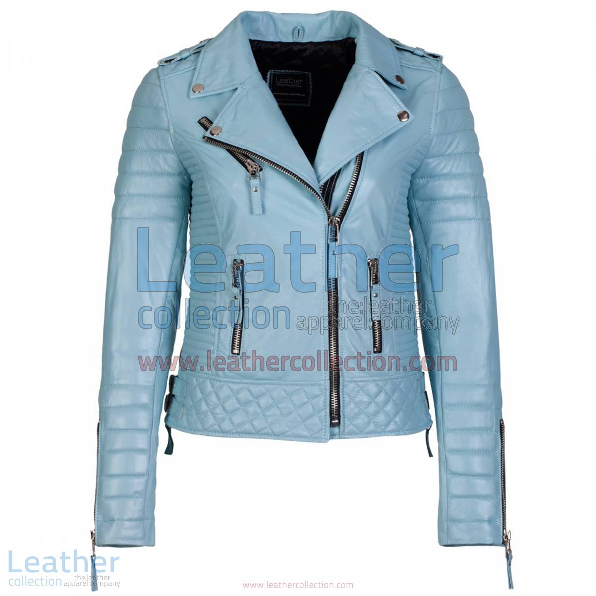 Biker Womens Leather Quilted Jacket Sky Blue | womens leather quilted jacket