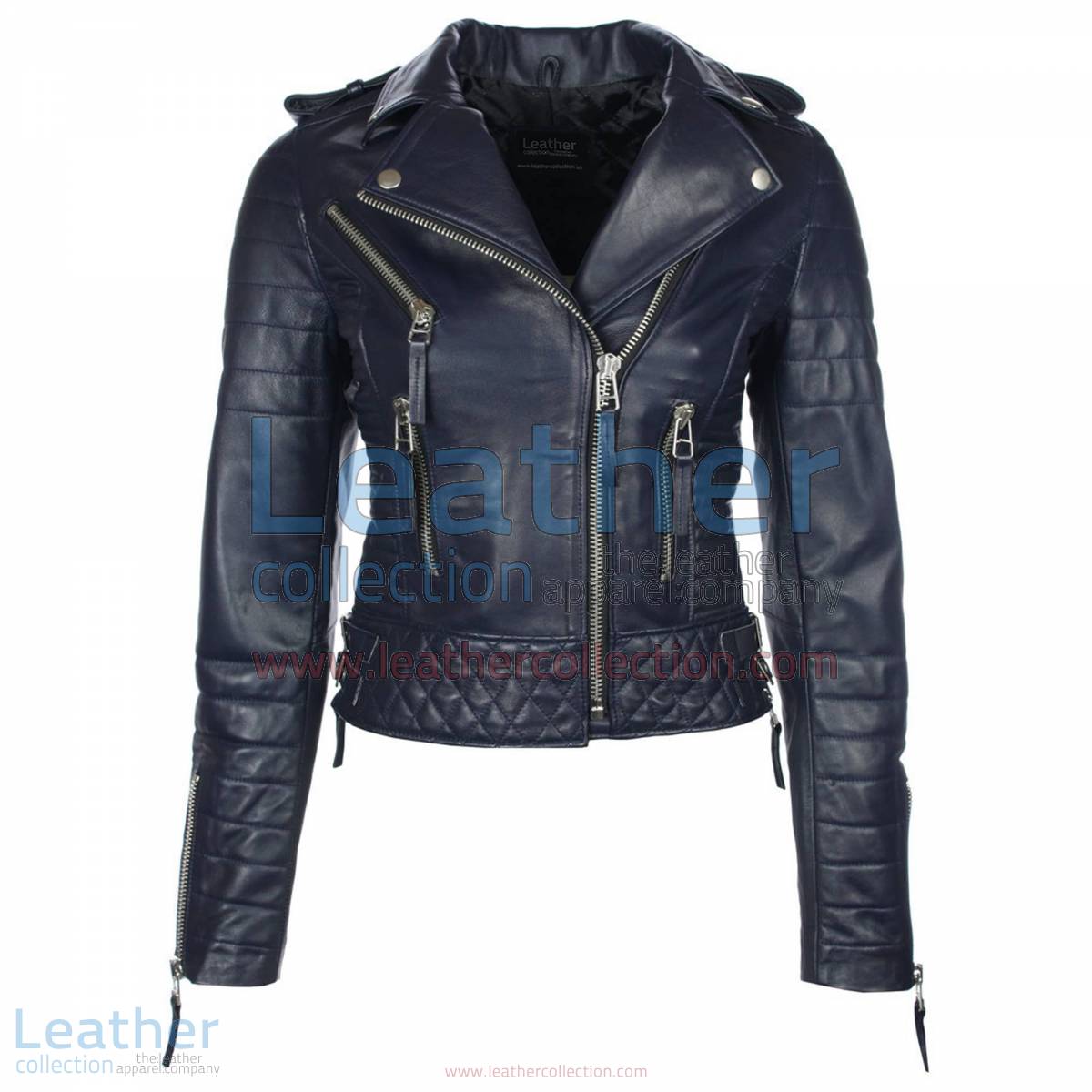 Biker Womens Navy Quilted Leather Jacket | womens quilted jacket