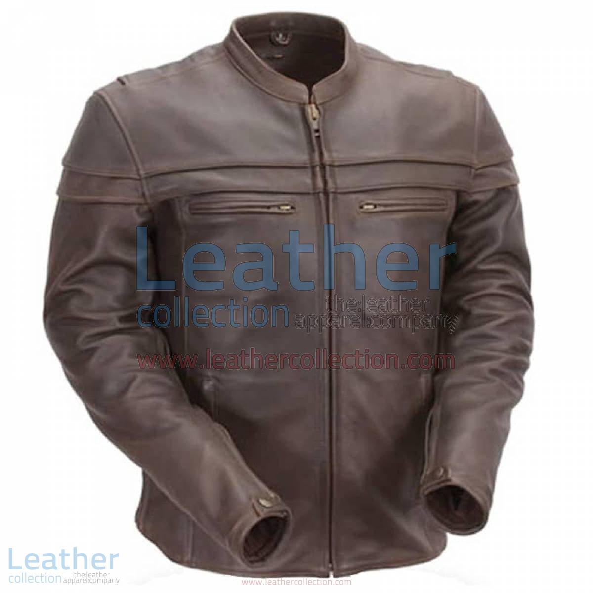 Brown Mandarin Collar Biker Leather Jacket | mandarin collar jacket