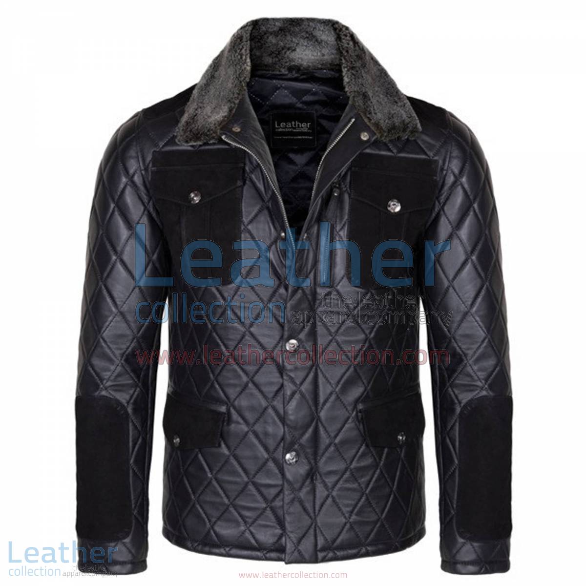 Diamond Leather Jacket with Fur Collar & Flapped Pockets | jacket with fur collar