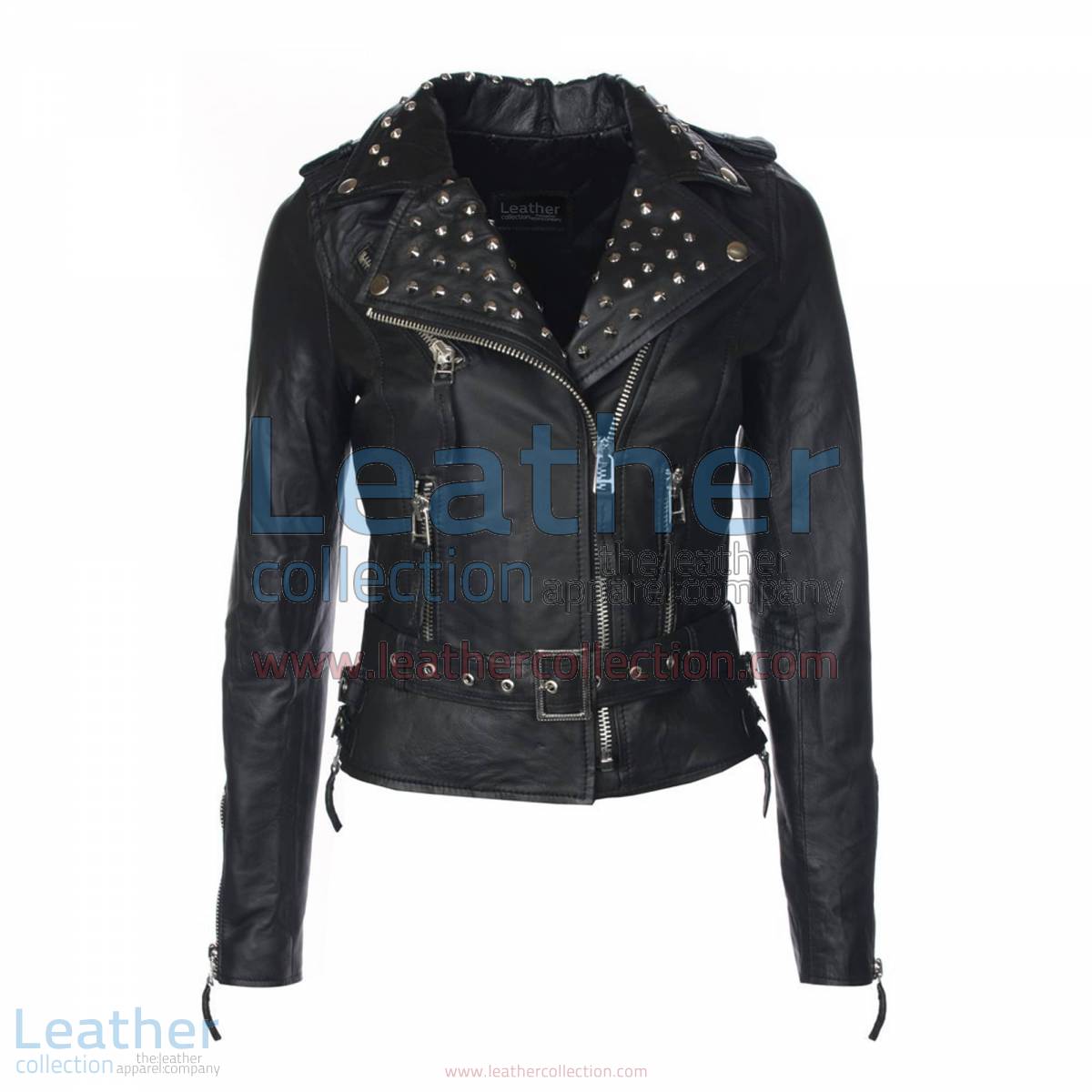 Womens Studded Collar Biker Leather Jacket | womens studded jacket