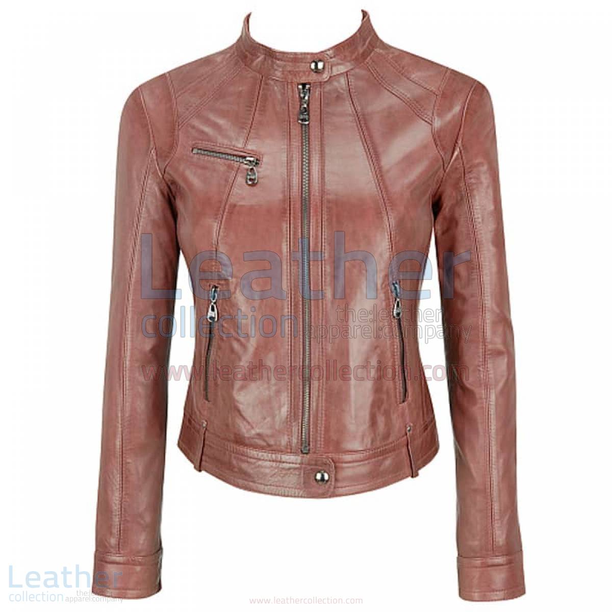 Banded Collar Washed Leather Scuba Jacket