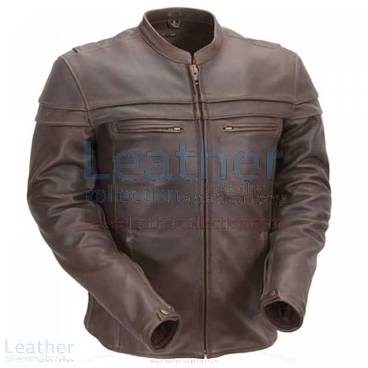 Brown Mandarin Collar Biker Leather Jacket