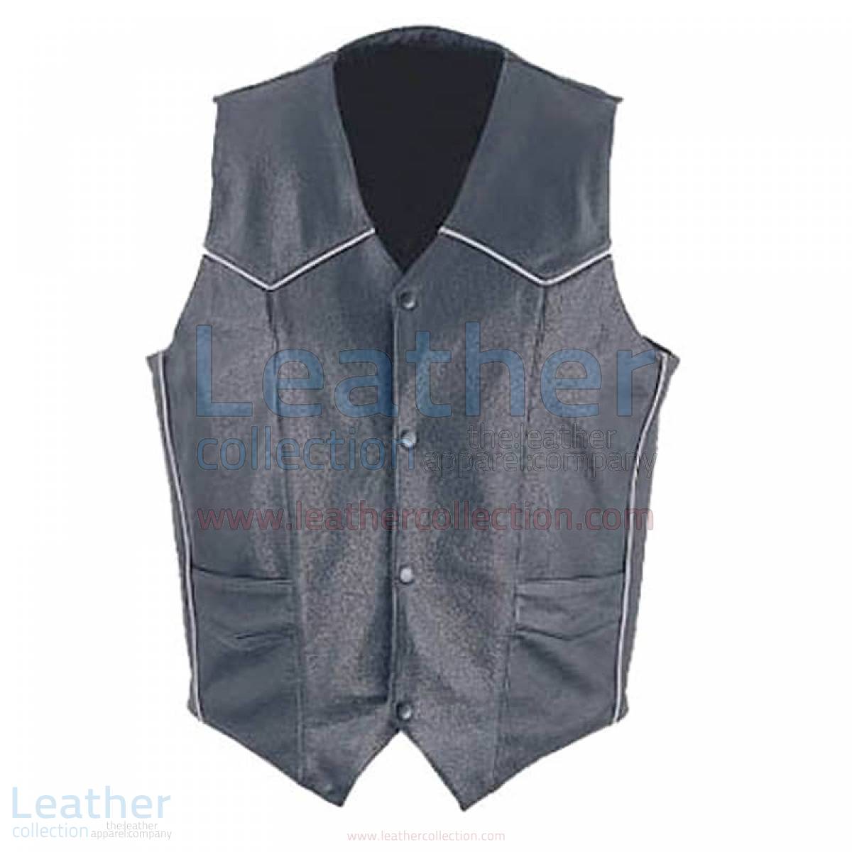 Mens Classic Leather White Piping Vest