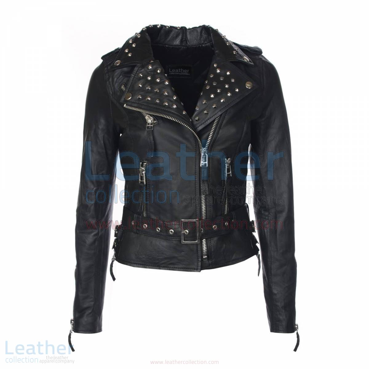 Womens Studded Collar Biker Leather Jacket